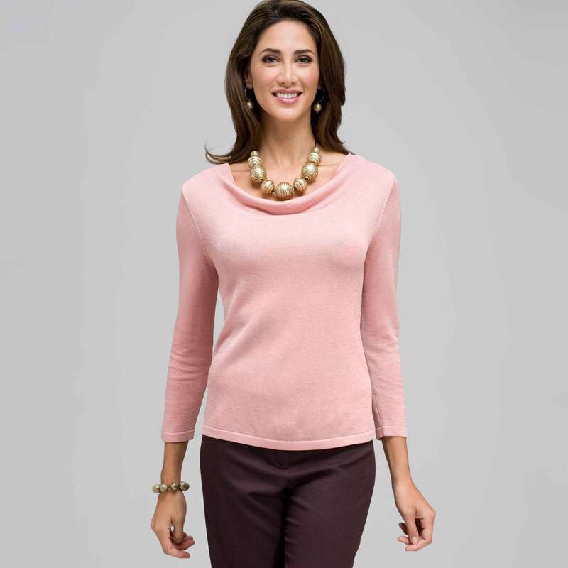 3/4 Sleeve Solid Drape Neck Sweater, , large